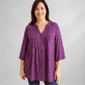 Mainstreet Blues 28W Women’s Blouse Purple Floral 3/4 Button Lined Chiffon